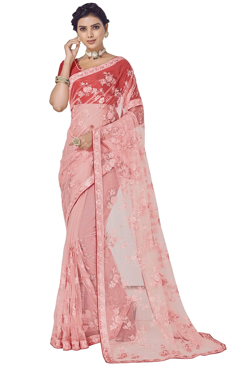 Glory Sarees Women's Net Saree with Embroidery Work (GS_Luxury131_Pink) - Image 1