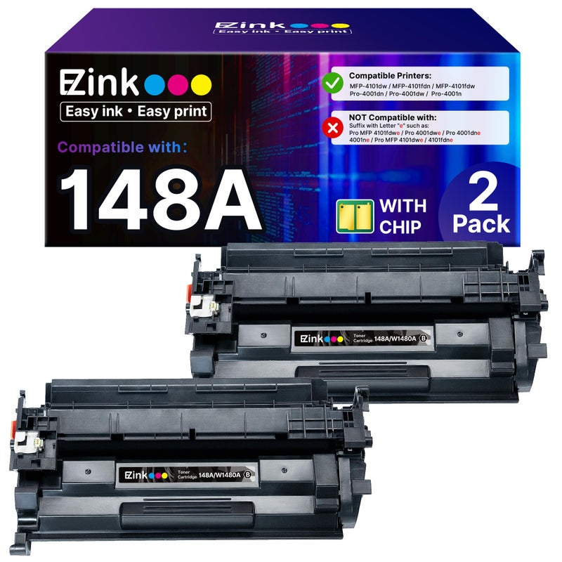 E-Z Ink 148A Toner Cartridge 4001n 4101fdw (with Chip) Replacement for HP 148A Toner Cartridge W1480A 148X W1480X to Use with HP LaserJet Pro 4001n 4101fdw 4001dn 4001dw 4101fdn 4101dw Printer(2Pack) - Image 1