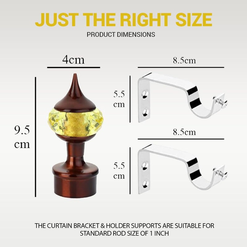 GLOXY Single Diamond Aluminum Curtain Brackets Parda Holders with Support Fittings Designer 1 Inch Rod Pocket Finials for Door WindowCoffee Mix YellowPair of 4 - Image 3