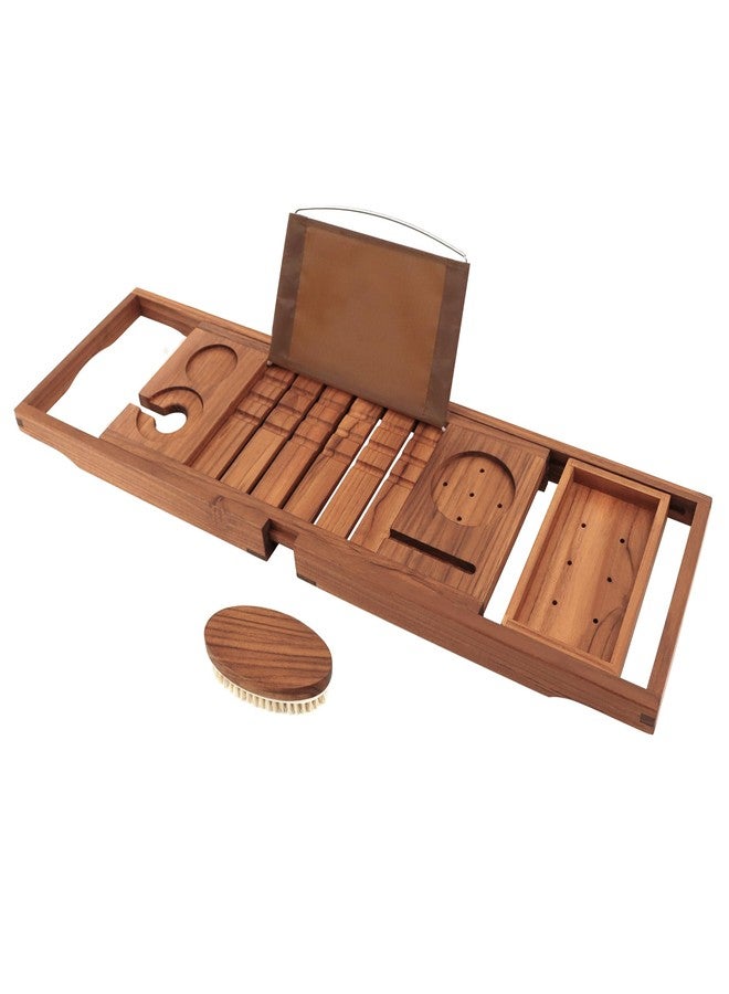 VaeFae Premium Teak Bathtub Tray, Expandable Wooden Bath Tray for Tub, Luxury Bathtub & Bathroom Accessories, Great House Warming, Anniversary & Wedding and Birthday Gifts (Free Teak Body Brush) - Image 1