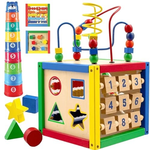 Play22 مكعب نشاط خشبي 6 في 1 للأطفال مع متاهة خرز قابلة للإزالة، لعبة فرز الأشكال، خرز عد الأعداد، أشكال منزلقة، 8 أكواب متداخلة – بلاي22 - Image 1