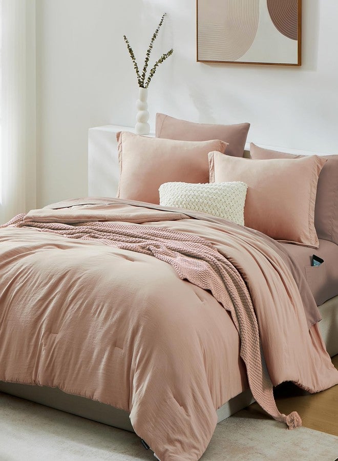 WRENSONGE Queen Comforter Set - 7 Pieces Clay Pink Soft Bed in a Bag Queen with Fitted Sheet, Flat Sheet, 2 Pillow Shams, and 2 Pillowcases- Warm Bedding Sets Queen for All Season - Image 2