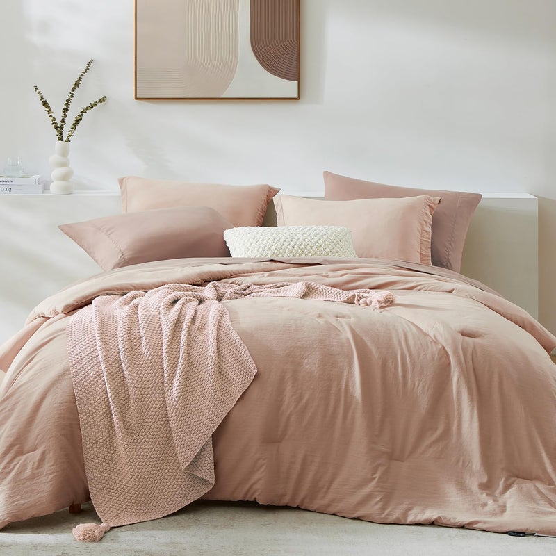 WRENSONGE Queen Comforter Set - 7 Pieces Clay Pink Soft Bed in a Bag Queen with Fitted Sheet, Flat Sheet, 2 Pillow Shams, and 2 Pillowcases- Warm Bedding Sets Queen for All Season - Image 1