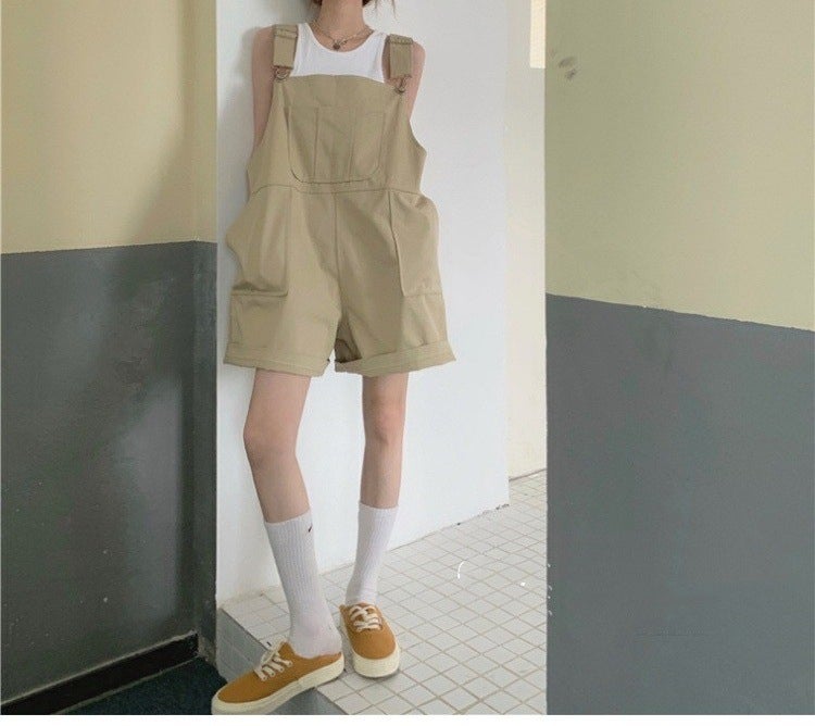 khaki Cotton Work Strap Womens Summer Sling Loose Slimming Straight Large Pocket Casual Wide Leg Shorts Trendy Khaki