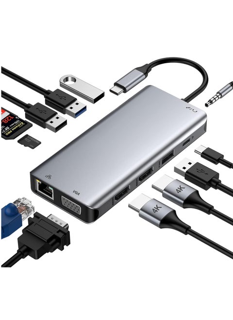 12 in 1 USB C Hub with 4K HDMI Dual GA Ethernet RJ45 2x3 100W Power Delivery TF SD Card Reader AUX 3.5mm, Multicolor Colors