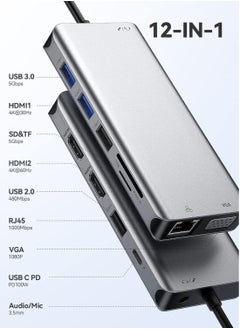 Generic 12 in 1 USB C Hub with 4K HDMI Dual GA Ethernet RJ45 2x3 100W Power Delivery TF SD Card Reader AUX 3.5mm, Multicolor Colors  - Image 2