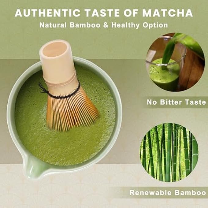 أوفردنسي مجموعة خفاقة الماتشا، وعاء ماتشا، خفاقة ماتشا من الخيزران، مغرفة، ملعقة، منخل، حامل خفاقة، 6 قطع، مجموعة بداية مثالية للماتشا لحفل شاي الماتشا باللون الأخضر - Image 3
