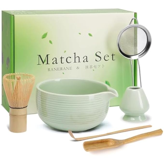 أوفردنسي مجموعة خفاقة الماتشا، وعاء ماتشا، خفاقة ماتشا من الخيزران، مغرفة، ملعقة، منخل، حامل خفاقة، 6 قطع، مجموعة بداية مثالية للماتشا لحفل شاي الماتشا باللون الأخضر - Image 1