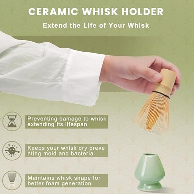 أوفردنسي مجموعة خفاقة الماتشا، وعاء ماتشا، خفاقة ماتشا من الخيزران، مغرفة، ملعقة، منخل، حامل خفاقة، 6 قطع، مجموعة بداية مثالية للماتشا لحفل شاي الماتشا باللون الأخضر - Image 5