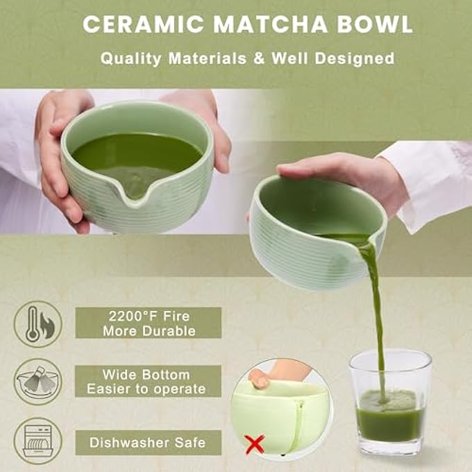 أوفردنسي مجموعة خفاقة الماتشا، وعاء ماتشا، خفاقة ماتشا من الخيزران، مغرفة، ملعقة، منخل، حامل خفاقة، 6 قطع، مجموعة بداية مثالية للماتشا لحفل شاي الماتشا باللون الأخضر - Image 4