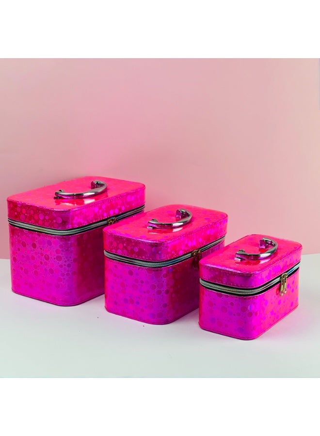 3-Piece Elegant Fuchsia Makeup Organizer Bag Set – Portable Cosmetic Travel Pouches - Image 1