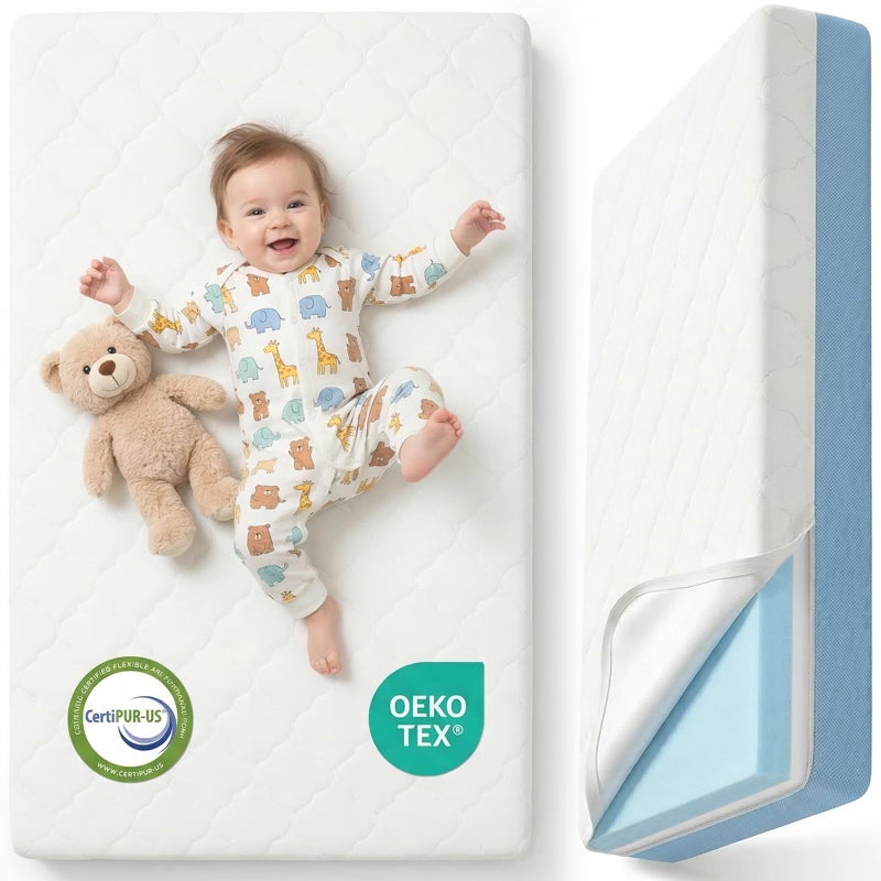 DeerFable Dual Sided Baby Crib Mattress, 5 Inch Thick Soft & Firm Memory Foam Breathable Toddler Mattress, 4 in1 Standard Baby Bed Mattresses with Removable Washable Cover 52x27.6x5 - Blue - Image 1