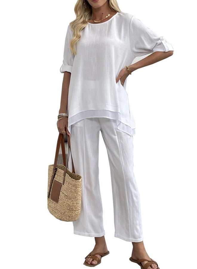 heipeiwa Women's Linen 2 Piece Outfits Rolled Sleeves Tops Wide Leg Trouser Pants Suits Summer Casual Dressy Linen Sets, Awhite, S - Image 1