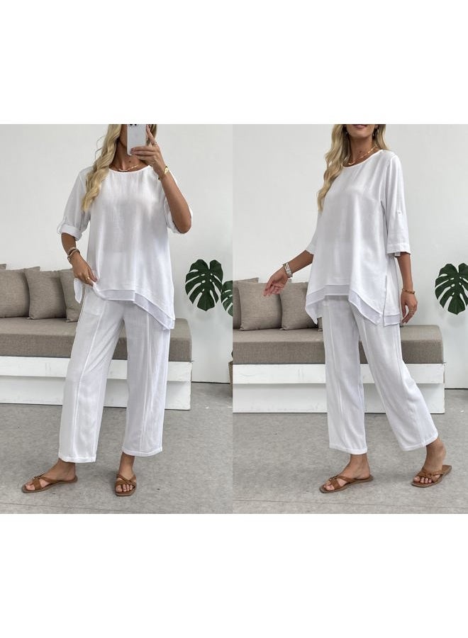 heipeiwa Women's Linen 2 Piece Outfits Rolled Sleeves Tops Wide Leg Trouser Pants Suits Summer Casual Dressy Linen Sets, Awhite, S - Image 2