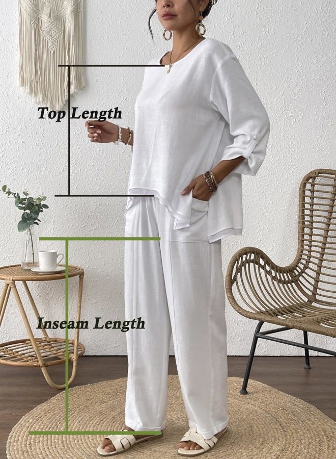 heipeiwa Women's Linen 2 Piece Outfits Rolled Sleeves Tops Wide Leg Trouser Pants Suits Summer Casual Dressy Linen Sets, Awhite, S - Image 5