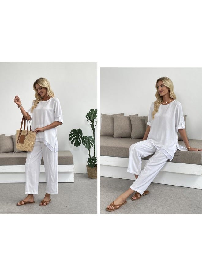 heipeiwa Women's Linen 2 Piece Outfits Rolled Sleeves Tops Wide Leg Trouser Pants Suits Summer Casual Dressy Linen Sets, Awhite, S - Image 4