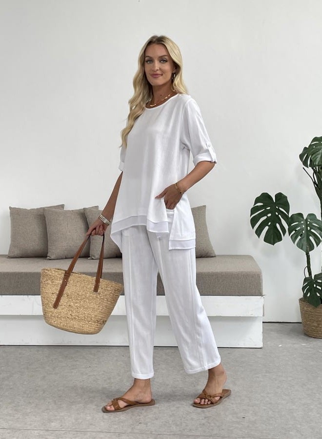 heipeiwa Women's Linen 2 Piece Outfits Rolled Sleeves Tops Wide Leg Trouser Pants Suits Summer Casual Dressy Linen Sets, Awhite, S - Image 3