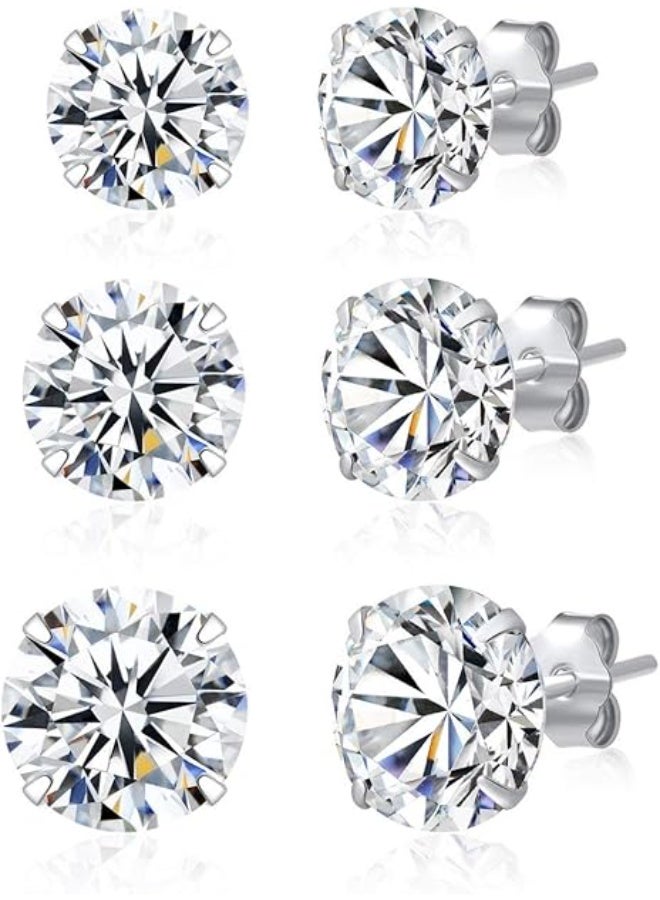 SILBERTALE 3 Pairs 925 Sterling Silver Cubic Zirconia Stud Earrings Set 3-8mm for Men Women - Image 1