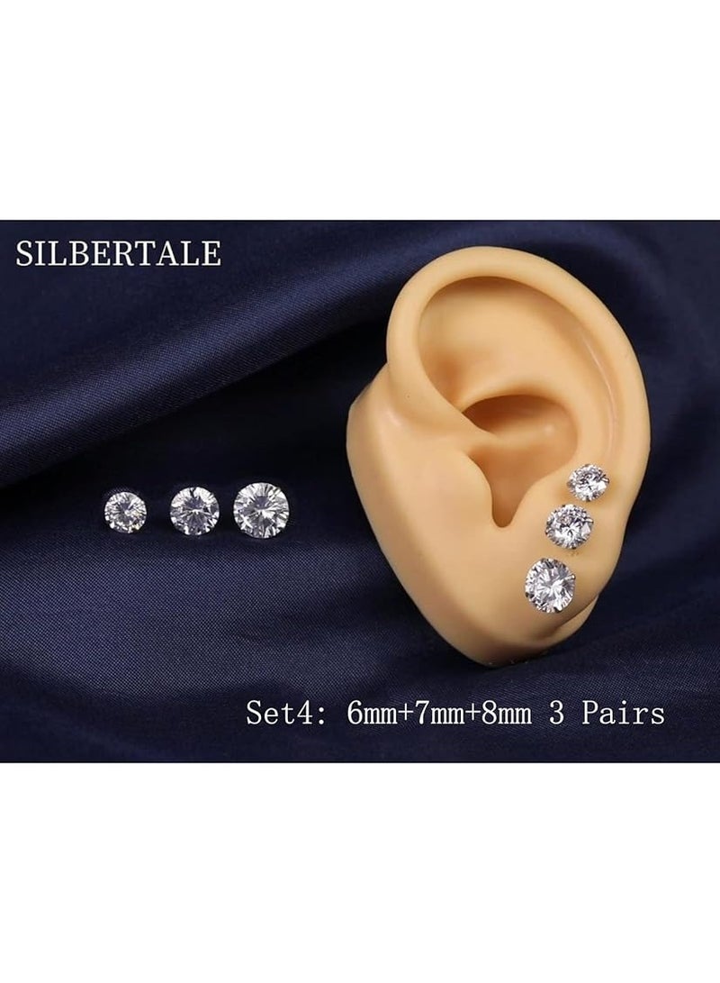 SILBERTALE 3 Pairs 925 Sterling Silver Cubic Zirconia Stud Earrings Set 3-8mm for Men Women - Image 2