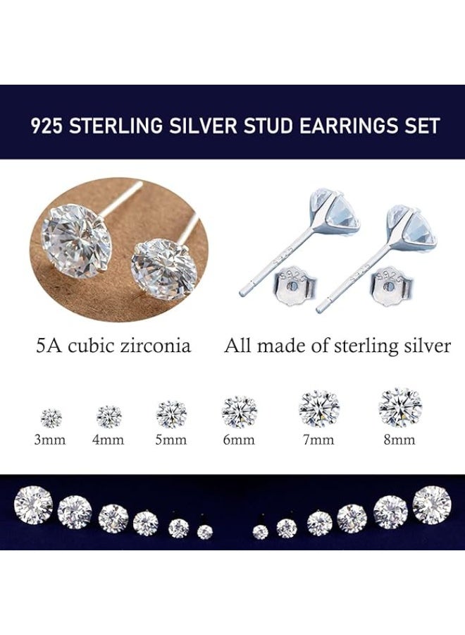 SILBERTALE 3 Pairs 925 Sterling Silver Cubic Zirconia Stud Earrings Set 3-8mm for Men Women - Image 3