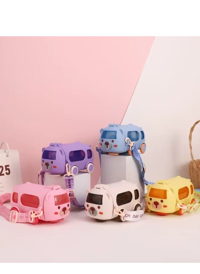 يونيكورن زجاجة مياه لطيفة على شكل حافلة، مقاومة للكسر، قابلة للحمل، قطعة واحدة، مع شفاطة | كوب شرب بلاستيكي للمدرسة والسفر - Image 3