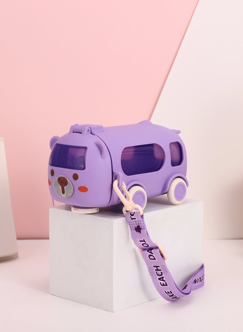 يونيكورن زجاجة مياه لطيفة على شكل حافلة، مقاومة للكسر، قابلة للحمل، قطعة واحدة، مع شفاطة | كوب شرب بلاستيكي للمدرسة والسفر - Image 1