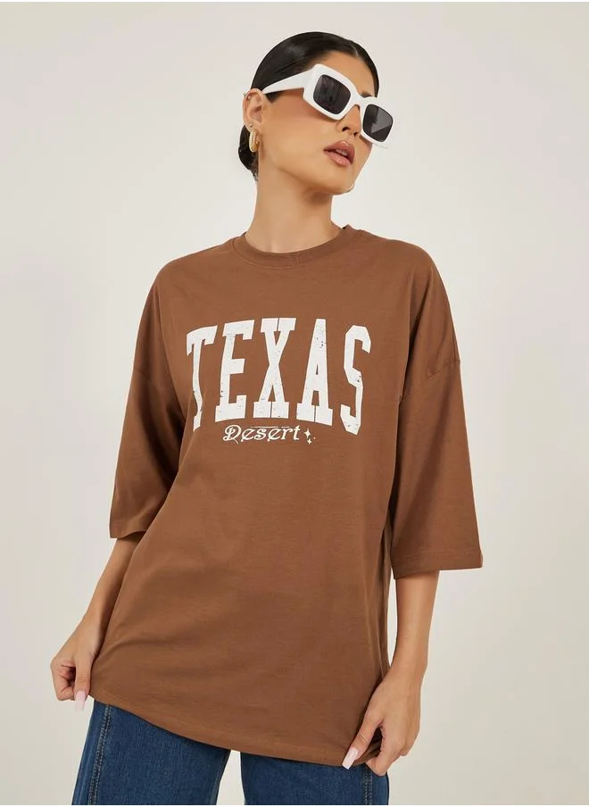 Styli Slogan Print Round Neck Oversized T-Shirt