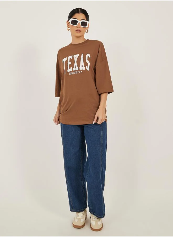 Styli Slogan Print Round Neck Oversized T-Shirt