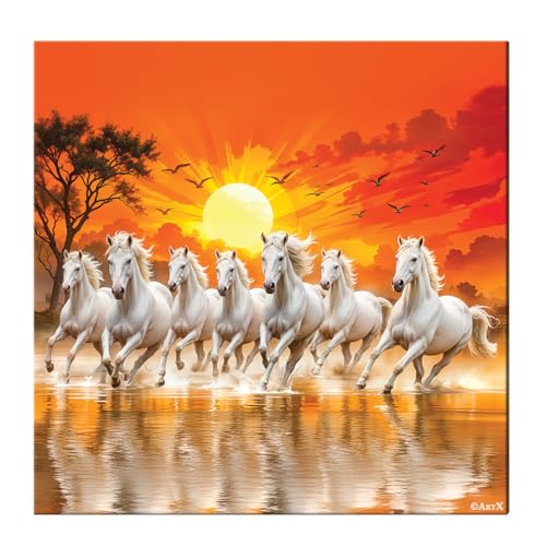 ArtX Canvas Big Size 7 Horses Vastu Frame Wall Art Painting, White Running Horses On Water Painting Vastu Rising Sun Wall Decor, Multicolor, Nature, 56.0 X 56.0 cm, Set of 1 - Image 1