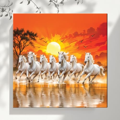 ArtX Canvas Big Size 7 Horses Vastu Frame Wall Art Painting, White Running Horses On Water Painting Vastu Rising Sun Wall Decor, Multicolor, Nature, 56.0 X 56.0 cm, Set of 1 - Image 2