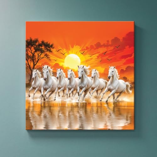 ArtX Canvas Big Size 7 Horses Vastu Frame Wall Art Painting, White Running Horses On Water Painting Vastu Rising Sun Wall Decor, Multicolor, Nature, 56.0 X 56.0 cm, Set of 1 - Image 5