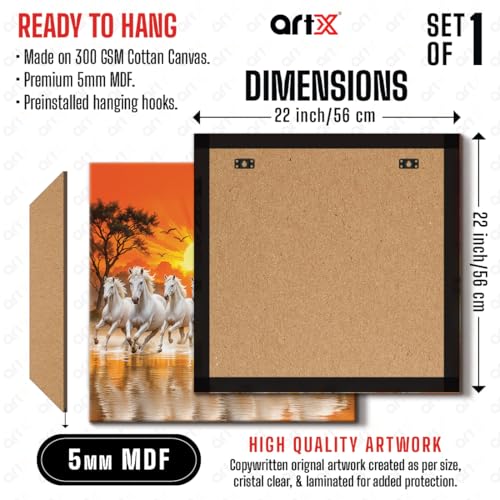 ArtX Canvas Big Size 7 Horses Vastu Frame Wall Art Painting, White Running Horses On Water Painting Vastu Rising Sun Wall Decor, Multicolor, Nature, 56.0 X 56.0 cm, Set of 1 - Image 3