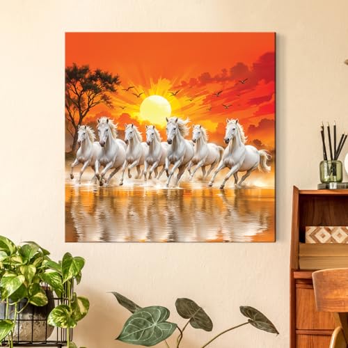 ArtX Canvas Big Size 7 Horses Vastu Frame Wall Art Painting, White Running Horses On Water Painting Vastu Rising Sun Wall Decor, Multicolor, Nature, 56.0 X 56.0 cm, Set of 1 - Image 4