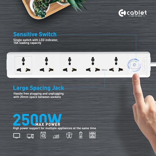 Cablet 5 Way Extension Board - 5 Universal Socket + 1 Switch, 10A and 2500W - 4.5m Heavy Duty Cable - White, Medium (Cablet 5010-45) - Image 2