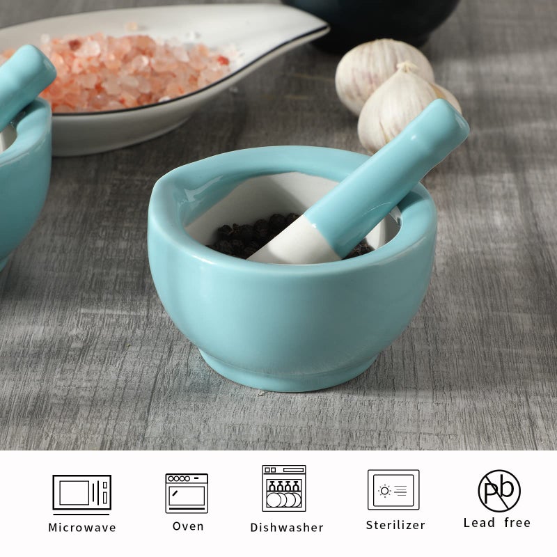 ONTUBE Mortar and Pestle Set, Ceramic Stoneware Spice Herb Grinder Pill Crusher Set (3.2 Inch-Turquoise) - Image 3