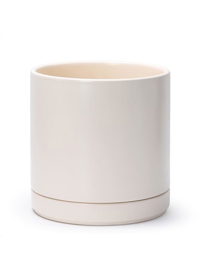 D'vine Dev 10 Inch Ceramic Planter Pot with Drainage Hole and Saucer, Indoor Cylinder Round Planter Pot, Oatmeal, 94-O-E-8 - Image 1