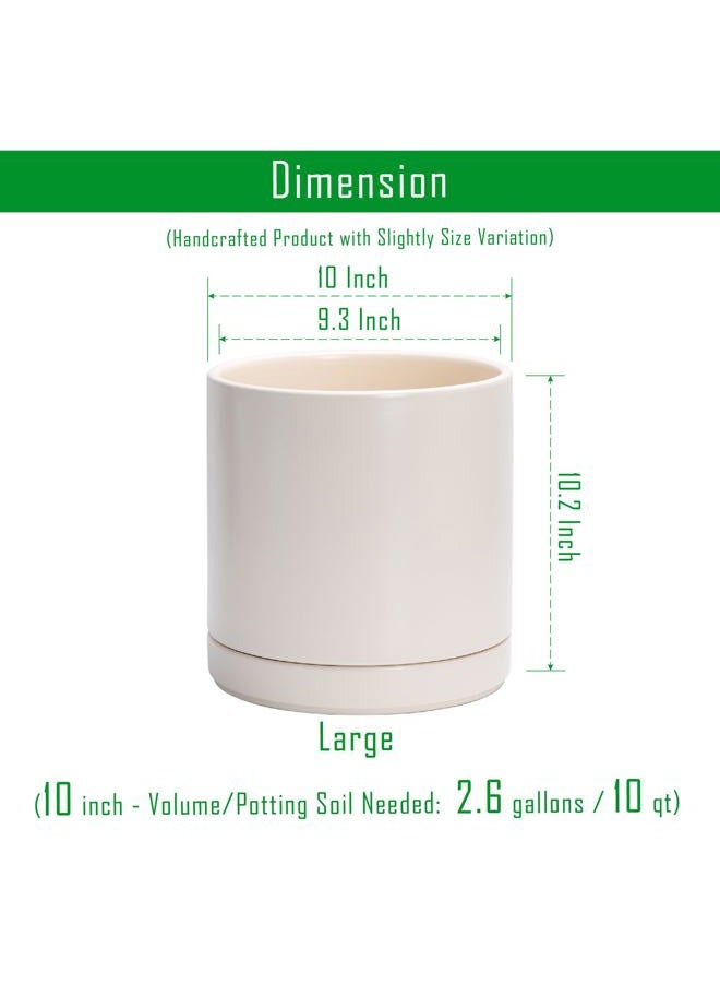D'vine Dev 10 Inch Ceramic Planter Pot with Drainage Hole and Saucer, Indoor Cylinder Round Planter Pot, Oatmeal, 94-O-E-8 - Image 3