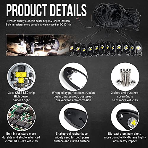 OPP ULITE White LED Rock Lights Kit, 12 Pods Underglow for Jeep Offroad Truck Car ATV SUV Boat Motorcycle Vehicle Under Body Glow Lamp Trail Fender Lighting (12pods Rock W) - Image 3