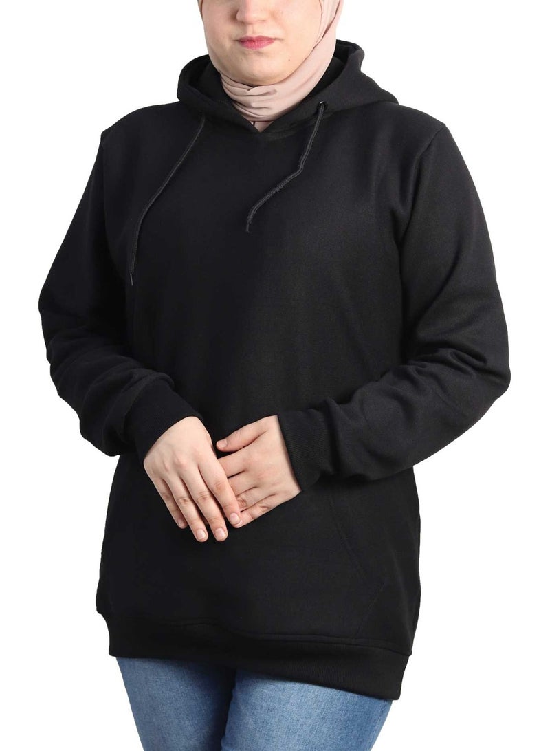 OneHand Long Hoodie Melton Cotton For Women - Black - Image 2