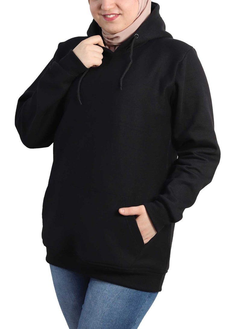 OneHand Long Hoodie Melton Cotton For Women - Black - Image 3