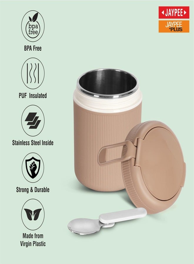 JAYPEE SoloMeal PUF Insulated Inner Stainless Steel Food Jar with Foldable Spoon|Hot/Cold Meal Jar for Kids|Office Women |Men|Food Storage Traveling Box Light Weight |Scratch Resistant|500 ml, Brown - Image 3