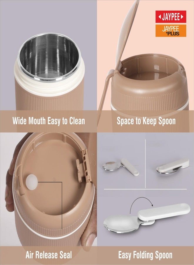 JAYPEE SoloMeal PUF Insulated Inner Stainless Steel Food Jar with Foldable Spoon|Hot/Cold Meal Jar for Kids|Office Women |Men|Food Storage Traveling Box Light Weight |Scratch Resistant|500 ml, Brown - Image 4