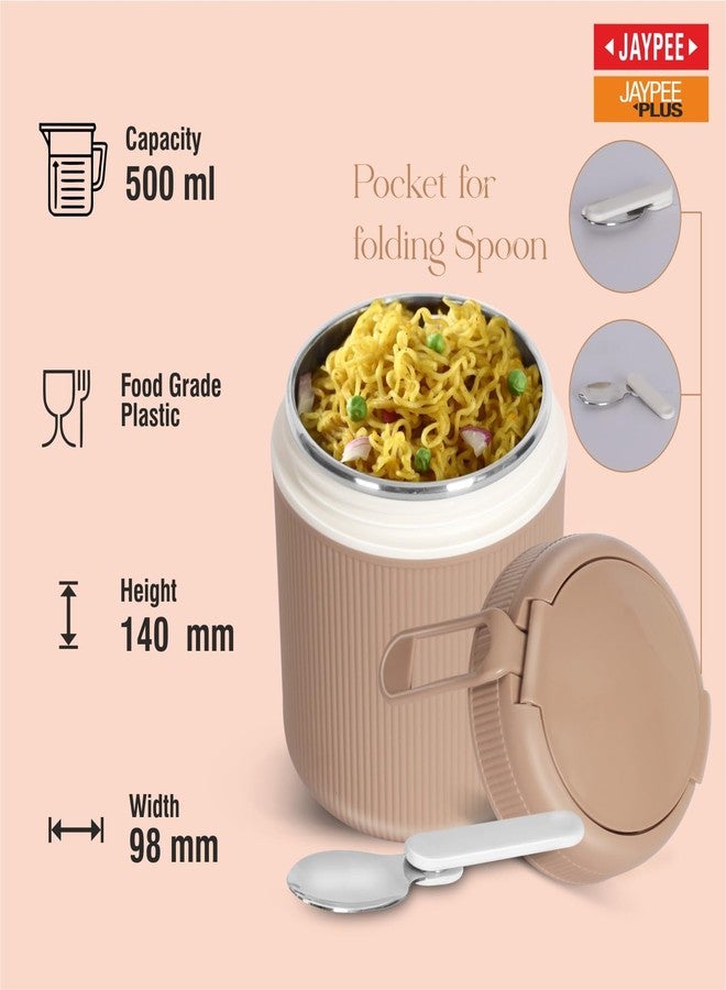 JAYPEE SoloMeal PUF Insulated Inner Stainless Steel Food Jar with Foldable Spoon|Hot/Cold Meal Jar for Kids|Office Women |Men|Food Storage Traveling Box Light Weight |Scratch Resistant|500 ml, Brown - Image 5