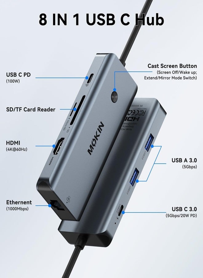 موكين محولات USB-C لأجهزة MacBook Pro/Air، دونجل ماك بثلاثة منافذ USB، محول USB-C إلى HDMI، محول USB-C إلى RJ45 إيثرنت، محول MOKiN 8 في 1 من USB-C إلى HDMI، شحن سريع 100 واط، قارئ بطاقات SD/TF، موزع USB-C - Image 2
