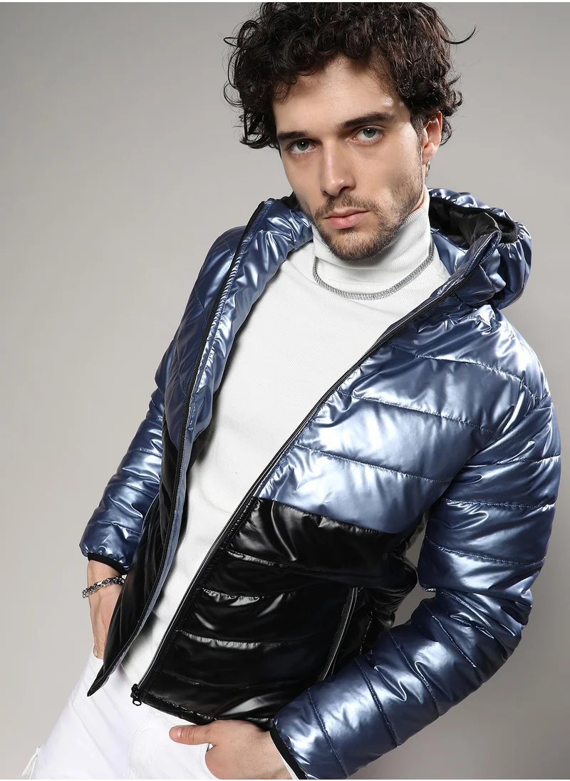 Campus Sutra Men's Electric Blue & Carbon Black Metallic Quilted Puffer Jacket