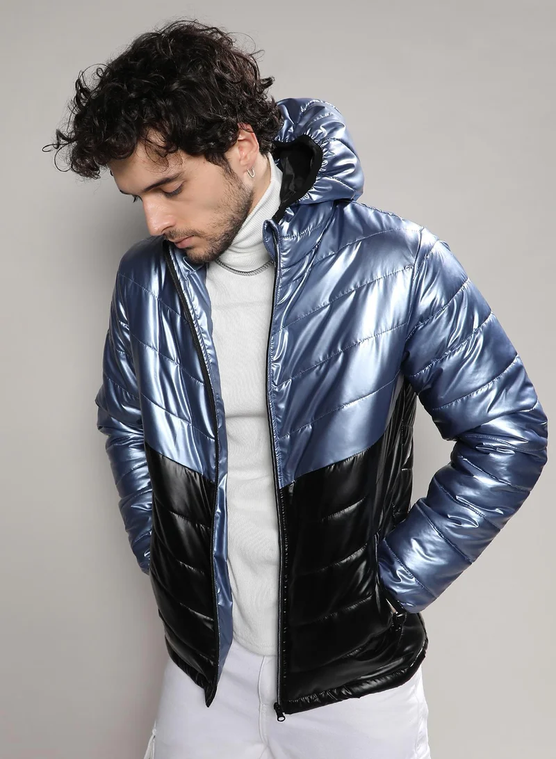 Campus Sutra Men's Electric Blue & Carbon Black Metallic Quilted Puffer Jacket