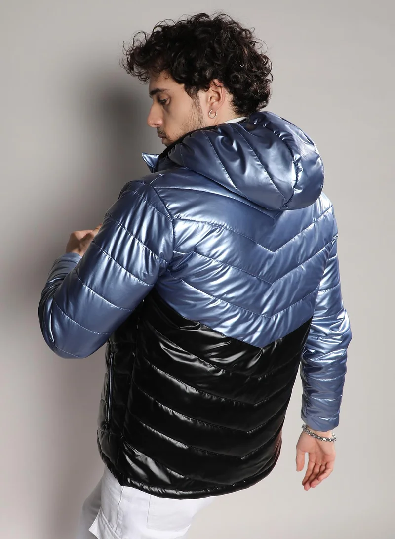 Campus Sutra Men's Electric Blue & Carbon Black Metallic Quilted Puffer Jacket