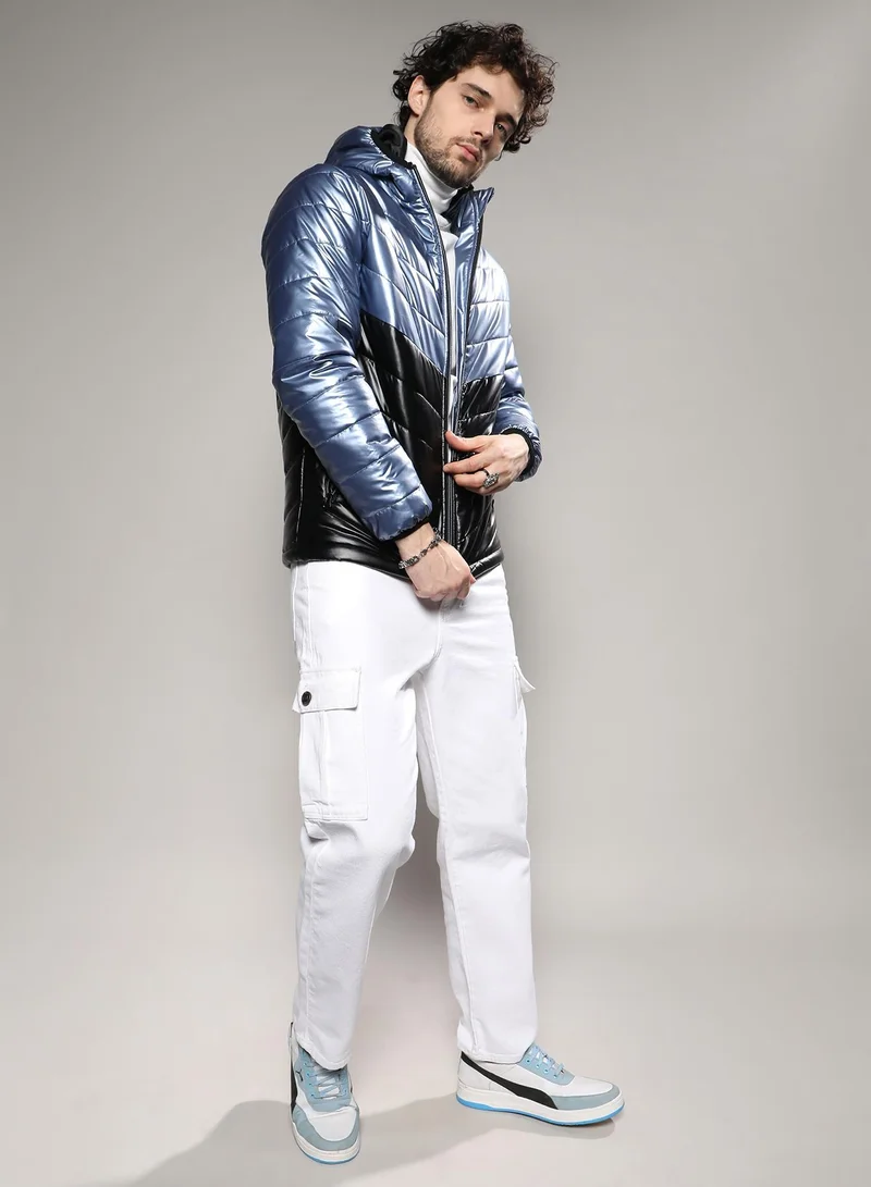 Campus Sutra Men's Electric Blue & Carbon Black Metallic Quilted Puffer Jacket