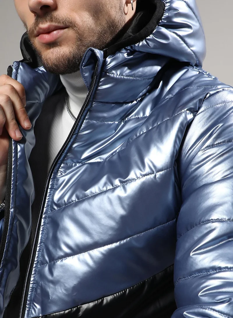 Campus Sutra Men's Electric Blue & Carbon Black Metallic Quilted Puffer Jacket