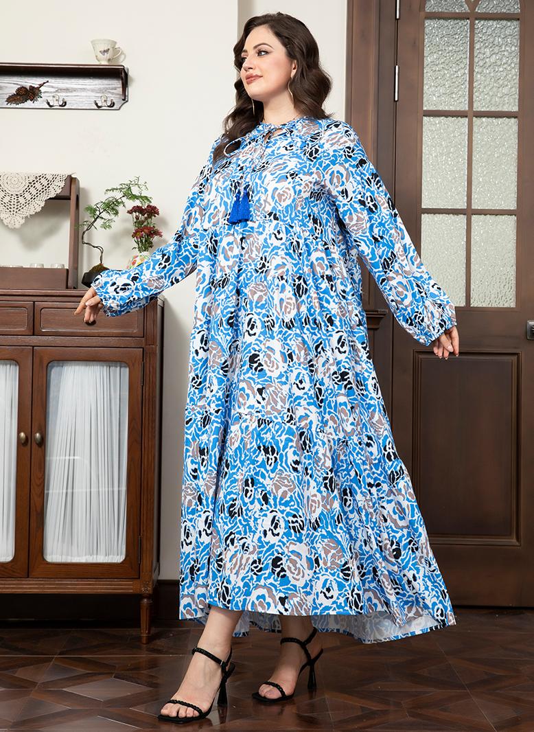 فرايديين لبس العطلة دائري زهري جيب شرابة الكم المنفوخ فساتين حجم إضافي ازرق - Image 4